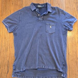 Vintage Polo Ralph Lauren Blue Pocket Polo Shirt Button Sides Large